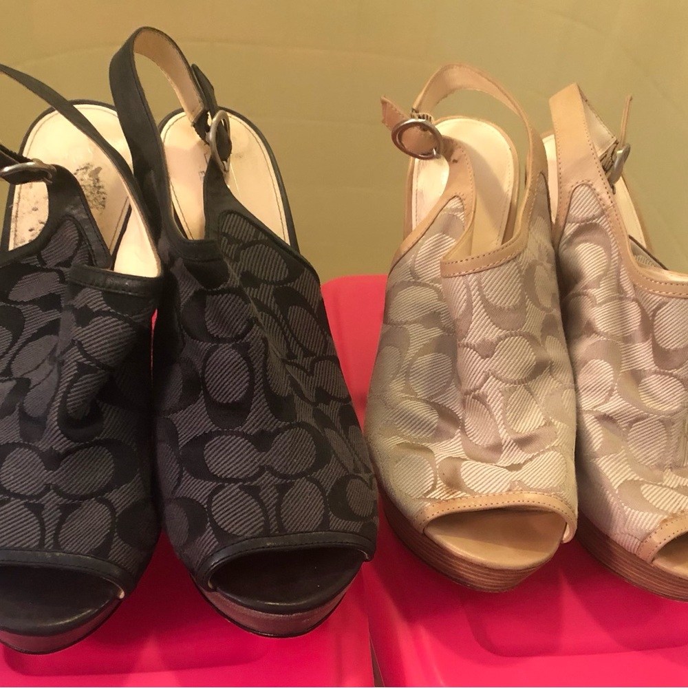 Lot Of 2: Coach Janet Sig Peep-Toe Slingback Wedges in Black and Tan
